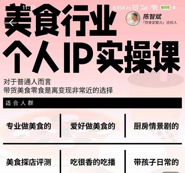 美食行业个人IP实操课,对于普通人而言,带货美食零食是离变现非常近的选择-开心分享网