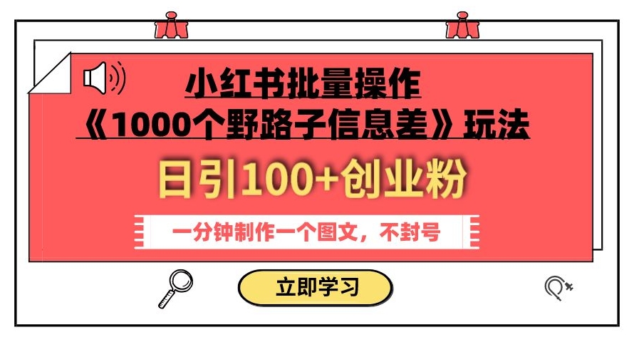 小红书批量操作《1000个野路子信息差》玩法,一分钟制作一个图文,不封号,日引100+创业粉-开心分享网