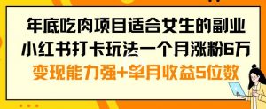 年底吃肉项目适合女生的副业小红书打卡玩法一个月涨粉6万+变现能力强+单月收益5位数【揭秘】-开心分享网