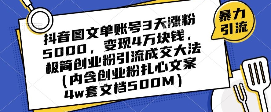 抖音图文单账号3天涨粉5000,变现4万块钱,极简创业粉引流成交大法-开心分享网