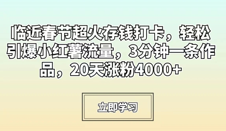 临近春节超火存钱打卡,轻松引爆小红薯流量,3分钟一条作品,20天涨粉4000+【揭秘】-开心分享网
