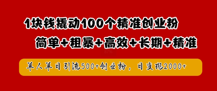 1块钱撬动100个精准创业粉,简单粗暴高效长期精准,单人单日引流500+创业粉,日变现2k【揭秘】-开心分享网