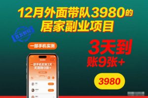 12月外面带队3980的居家副业项目,一部手机实测3天到账9张+,首发教程【揭秘】-开心分享网