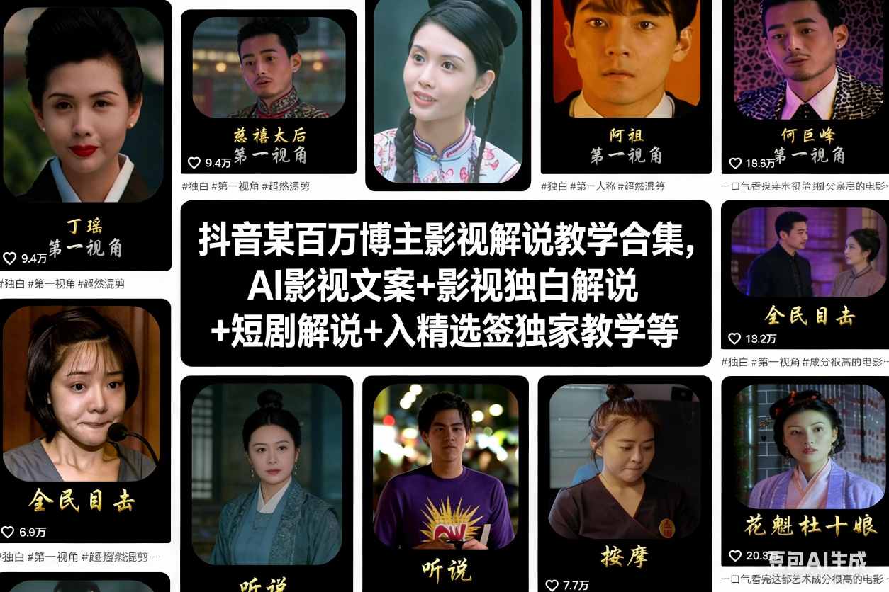 抖音某百万博主影视解说教学合集，AI影视文案+影视独白解说+短剧解说+入精选签独家教学等-开心分享网
