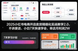 2025小红书电商开店卖货精细化实战教学2.0，不讲废话，小白7天快速学会，单店月利润2W-开心分享网