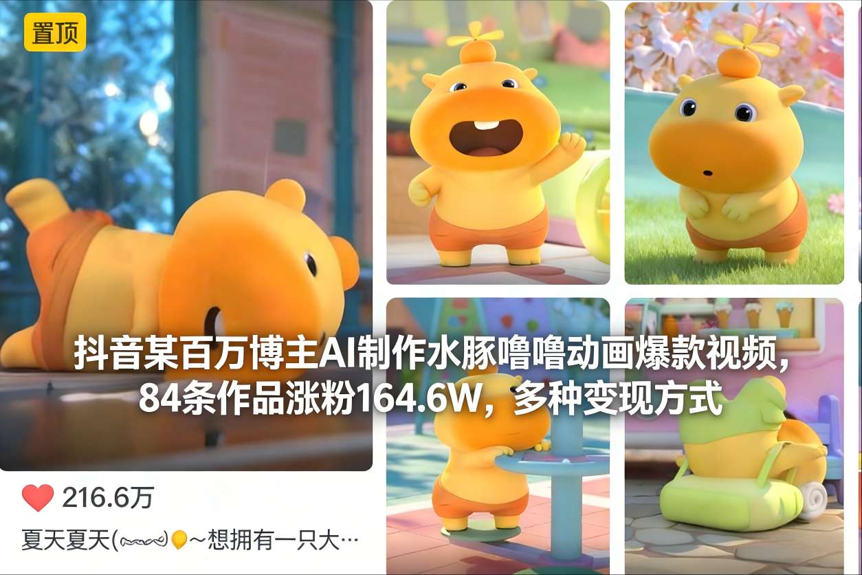 抖音某百万博主AI制作水豚噜噜动画爆款视频，84条作品涨粉164.6W，多种变现方式-开心分享网