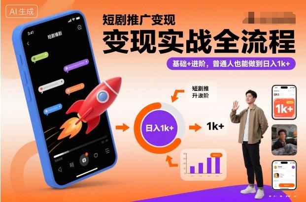短剧推广变现实战全流程，基础+进阶，普通人也能做到日入1k+