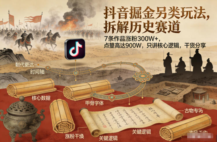 抖音掘金另类玩法，拆解历史赛道，7条作品涨粉300W+，点赞量高达900W，只讲核心逻辑，干货分享-开心分享网