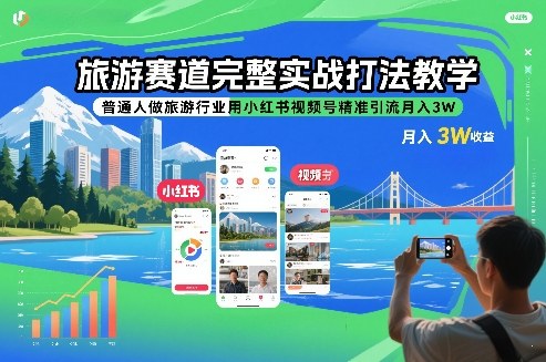 旅游赛道完整实战打法教学，普通人做旅游行业用小红书视频号精准引流月入3W-开心分享网