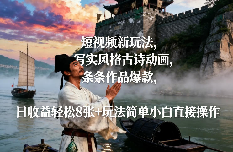 短视频新玩法，写实风格古诗动画，条条作品爆款，日收益轻松8张+玩法简单小白直接操作-开心分享网