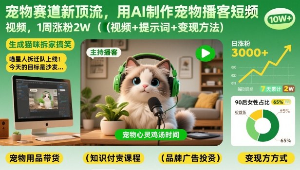 宠物赛道新顶流，用AI制作宠物播客短视频，1周涨粉2W（视频+提示词+变现方法）-开心分享网