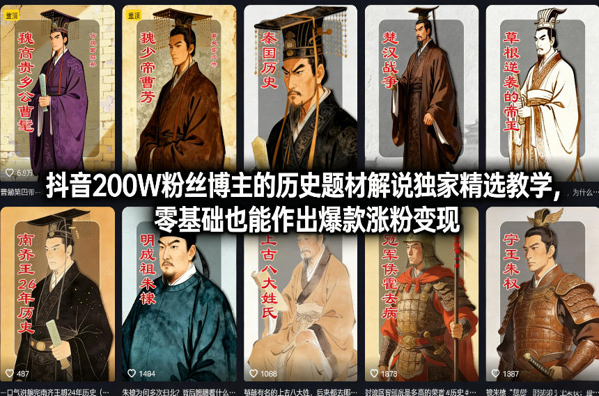 抖音200W粉丝博主的历史题材解说独家精选教学，零基础也能作出爆款涨粉变现-开心分享网