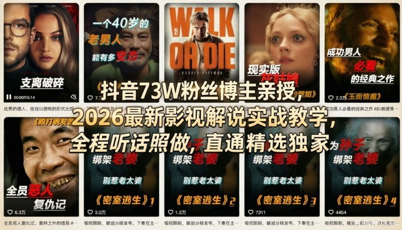抖音73W粉丝博主亲授，2026最新影视解说实战教学，全程听话照做，直通精选独家-开心分享网