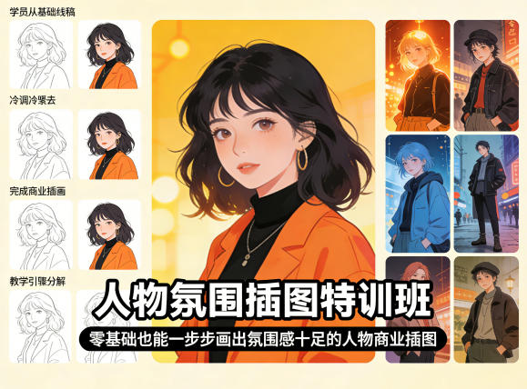 人物氛围插图特训班，零基础也能一步步画出氛围感十足的人物商业插图-开心分享网