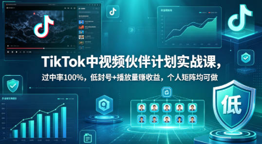 TikTok中视频伙伴计划实战课，过中率100%，低封号+播放量賺收益，个人矩阵均可做-开心分享网