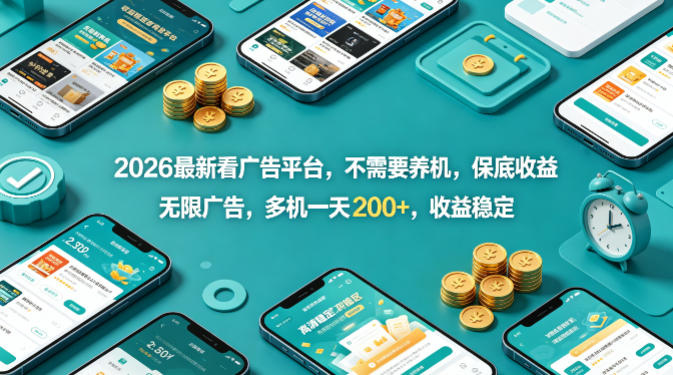 2026最新看广告平台，不需要养机，保底收益，无限广告，多机一天200+，收益稳定【揭秘】-开心分享网