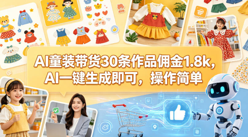 AI童装带货30条作品佣金1.8k，AI一键生成即可，操作简单-开心分享网