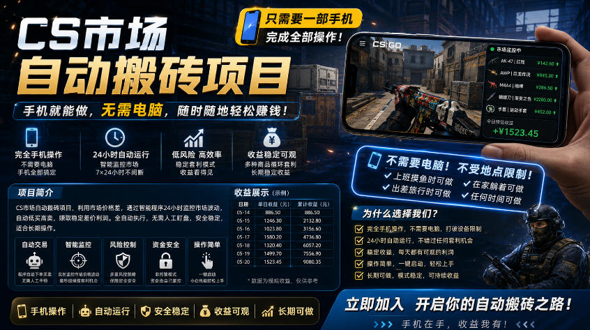 手机即可操作的CS市场自动搬砖系统｜自动监控｜自动下单|日入300+【揭秘】-开心分享网