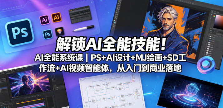 解锁AI全能技能！AI全能系统课｜PS+AI设计+MJ绘画+SD工作流+AI视频智能体，从入门到商业落地-开心分享网