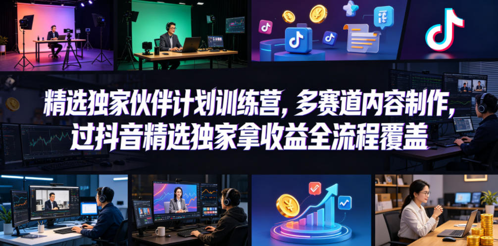 小豁食堂精选独家伙伴计划训练营，多赛道内容制作，过抖音精选独家拿收益全流程覆盖-开心分享网