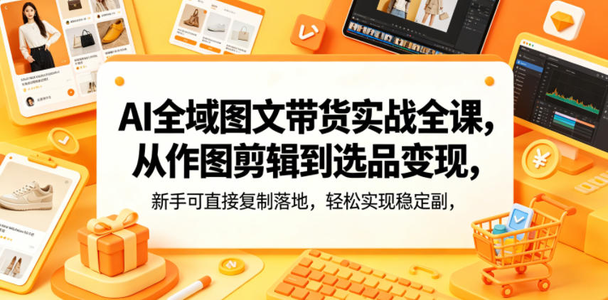 AI全域图文带货实战全课，从作图剪辑到选品变现，新手可直接复制落地，轻松实现稳定副业增收-开心分享网