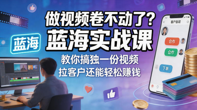 做视频卷不动了？蓝海实战课教你搞独一份视频，拉客户还能轻松賺钱！【原创双语字幕】-开心分享网