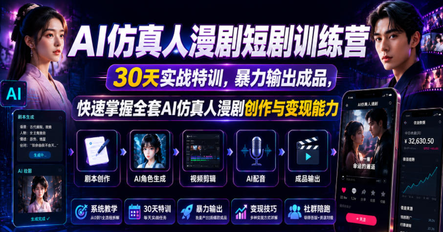 AI仿真人漫剧短剧训练营，30天实战特训，暴力输出成品，快速掌握全套AI仿真人漫剧创作与变现能力-开心分享网