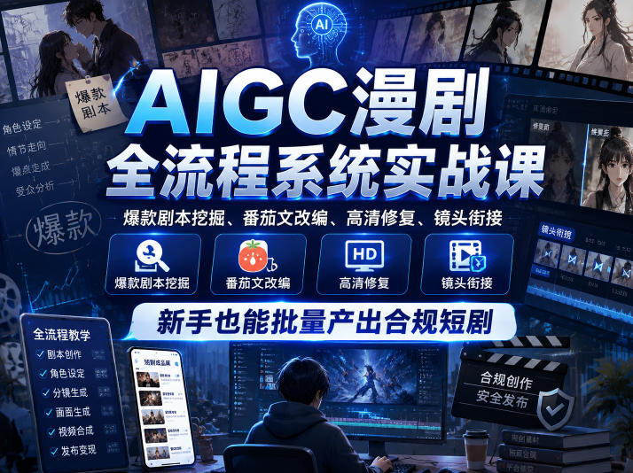 AIGC漫剧全流程系统实战课，爆款剧本挖掘、番茄文改编、高清修复、镜头衔接，新手也能批量产出合规短剧-开心分享网
