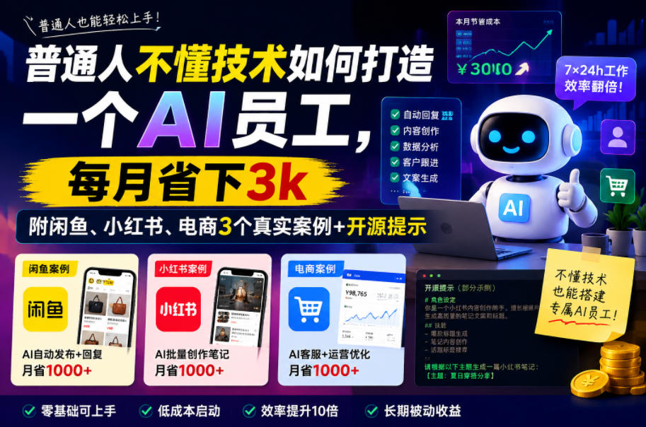 普通人不懂技术如何打造一个AI员工，每月省下3k，附闲鱼、小红书、电商3个真实案例+开源提示【文档】-开心分享网