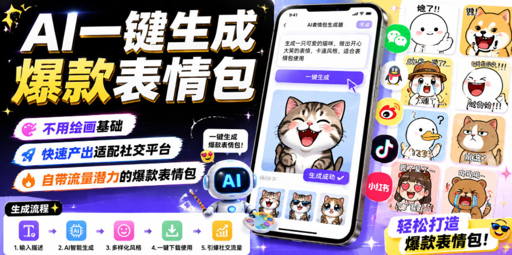 AI一键生成爆款表情包，不用绘画基础，快速产出适配社交平台，自带流量潜力的爆款表情包-开心分享网