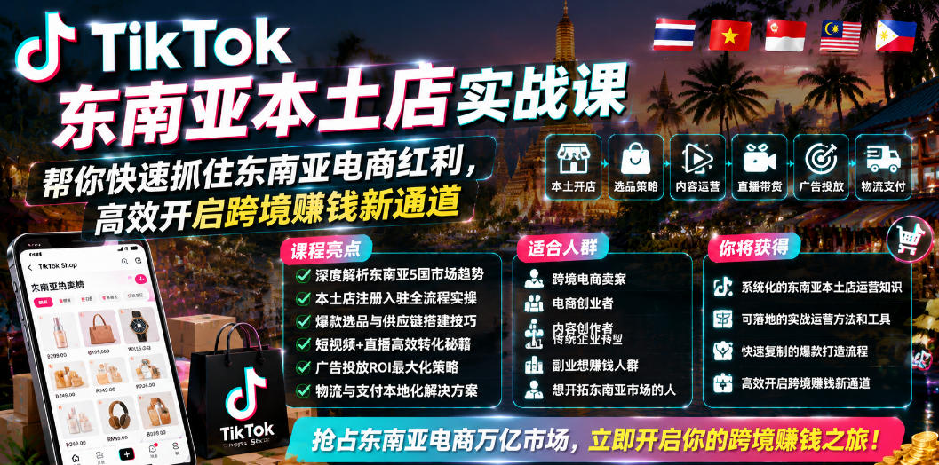 TikTok东南亚本土店实战课，帮你快速抓住东南亚电商红利，高效开启跨境賺钱新通道-开心分享网