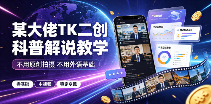 某大佬TK二创科普解说教学，不用原创拍摄不用外语基础，零基础做TikTok中视频稳定变现-开心分享网