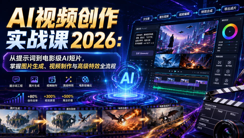 AI视频创作实战课2026：从提示词到电影级AI短片，掌握图片生成、视频制作与高级特效全流程-开心分享网