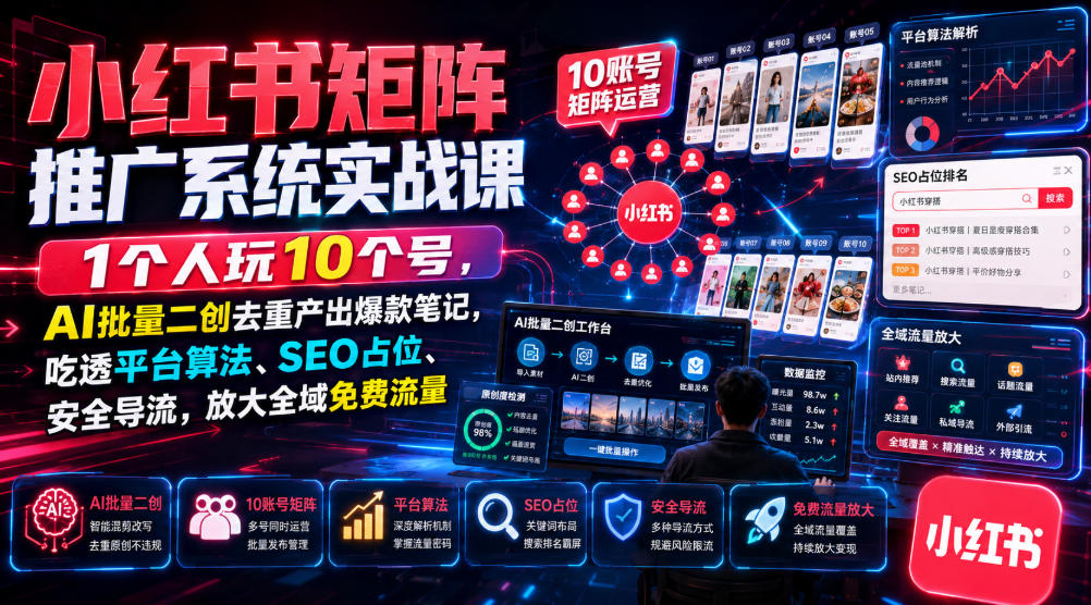 小红书矩阵推广系统实战课｜1个人玩10个号，AI批量二创去重产出爆款笔记，吃透平台算法、SEO占位、安全导流，放大全域免费流量-开心分享网
