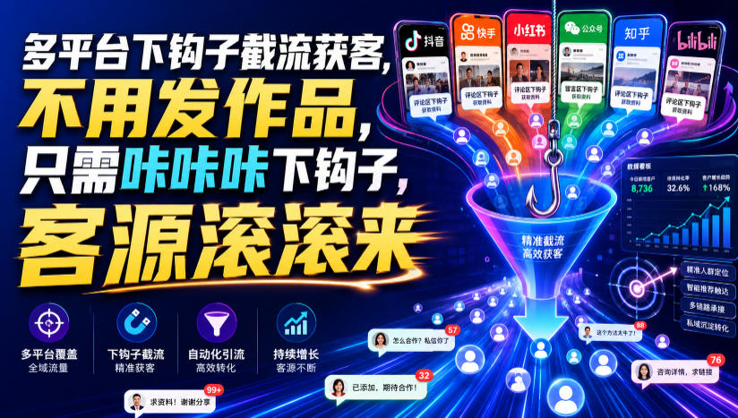多平台下钩子截流获客，不用发作品，只需咔咔咔下钩子，客源滚滚来-开心分享网
