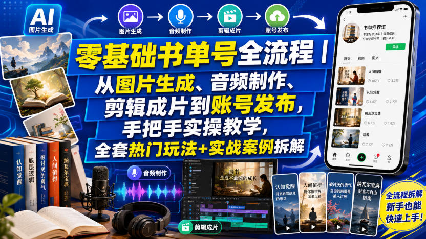 零基础书单号全流程｜从图片生成、音频制作、剪辑成片到账号发布，手把手实操教学，全套热门玩法+实战案例拆解-开心分享网