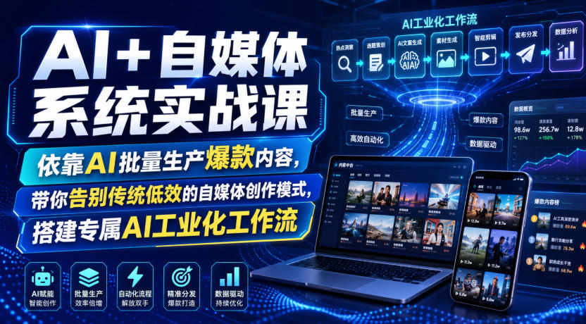 AI+自媒体系统实战课，依靠AI批量生产爆款内容，带你告别传统低效的自媒体创作模式，搭建专属AI工业化工作流-开心分享网