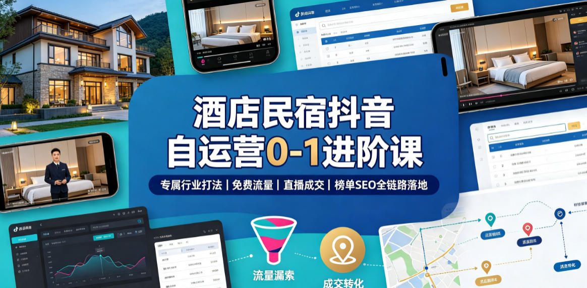 酒店民宿抖音自运营0-1进阶课｜专属行业打法、免费流量+直播成交+榜单SEO全链路落地-开心分享网