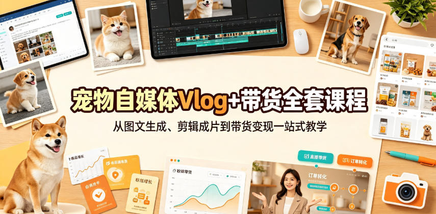 宠物自媒体Vlog+带货全套课程｜从图文生成、剪辑成片到带货变现一站式教学-开心分享网