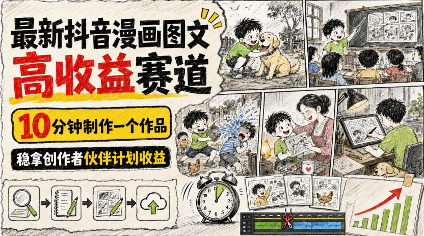 最新抖音漫画图文高收益赛道，10分钟制作一个作品，稳拿创作者伙伴计划收益-开心分享网