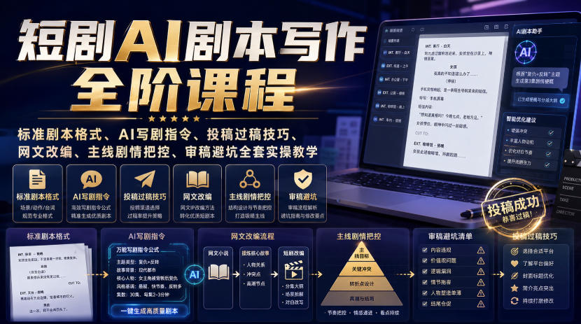 短剧AI剧本写作全阶课程｜标准剧本格式、AI写剧指令、投稿过稿技巧、网文改编、主线剧情把控、审稿避坑全套实操教学-开心分享网
