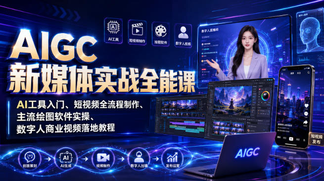 AIGC新媒体实战全能课｜AI工具入门、短视频全流程制作、主流绘图软件实操、数字人商业视频落地教程-开心分享网