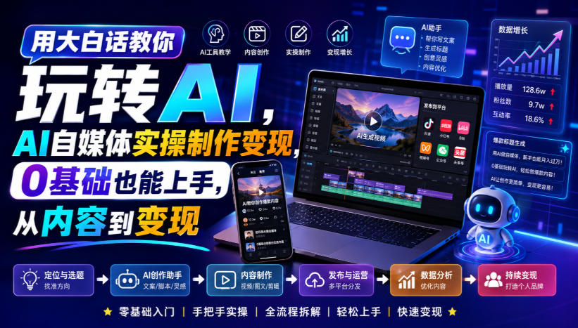 用大白话教你玩转AI，AI自媒体实操制作变现，0基础也能上手，从内容到变现-开心分享网