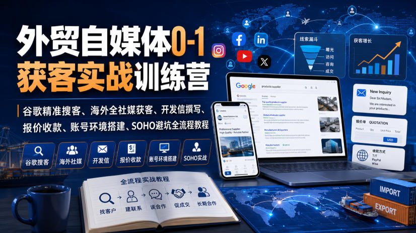 外贸自媒体0-1获客实战训练营｜谷歌精准搜客、海外全社媒获客、开发信撰写、报价收款、账号环境搭建、SOHO避坑全流程教程（更新）-开心分享网