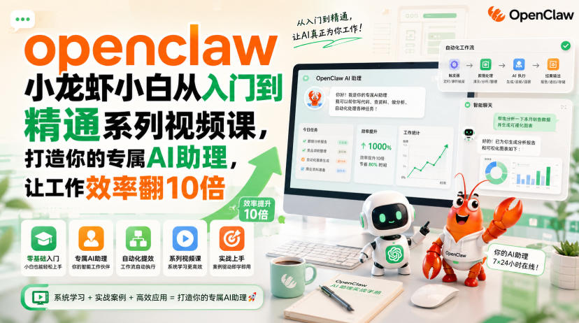 openclaw小龙虾小白从入门到精通系列视频课，打造你的专属AI助理，让工作效率翻10倍-开心分享网