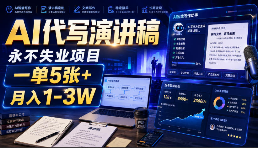 AI代写演讲稿，永不失业项目，一单5张+，月入1-3W【揭秘】-开心分享网