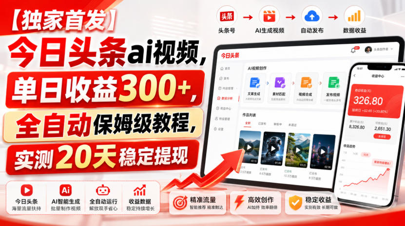 【独家首发】今日头条ai视频，单日收益300+，全自动保姆级教程，实测20天稳定提现【揭秘】-开心分享网