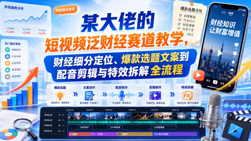 某大佬的短视频泛财经赛道教学，财经细分定位、爆款选题文案到配音剪辑与特效拆解全流程-开心分享网