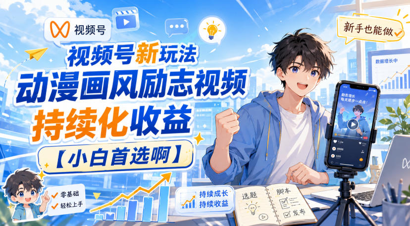 视频号新玩法动漫画风励志视频，持续化收益【小白首选啊】-开心分享网