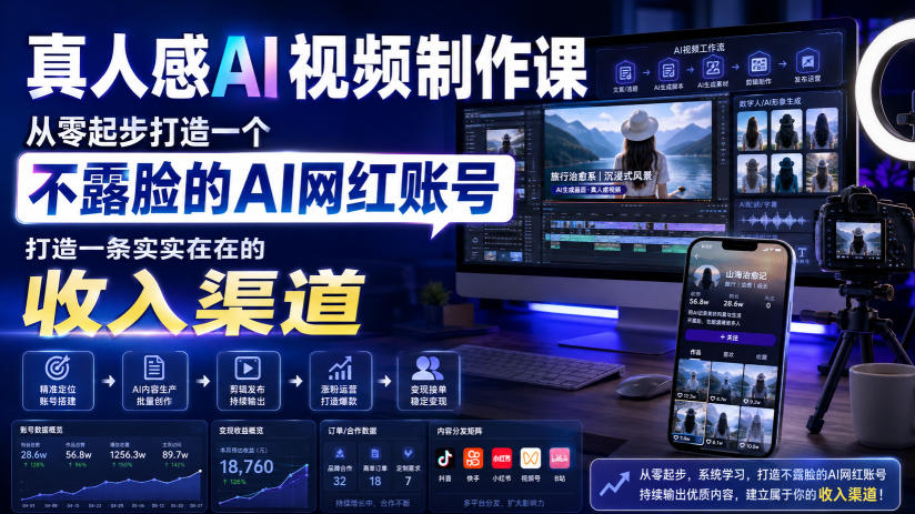 真人感AI视频制作课，从零起步打造一个不露脸的AI网红账号，打造一条实实在在的收入渠道【原创双语字幕】-开心分享网